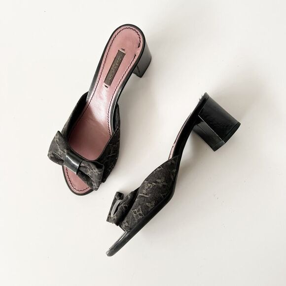 Vintage Y2K Louis Vuitton Monogram Logo Print Block Heel Mules Bow Slides - Picture 9 of 11